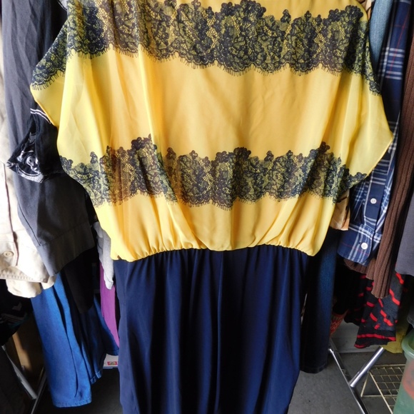 Dress Blousy Yellow, Navy Fitted Pencil skirt bottom Dress Size 14 - Picture 4 of 4
